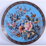 AN EARLY 20TH CENTURY JAPANESE MEIJI PERIOD CLOISONNE ENAMEL DISH decorated with birds. 30 cm diame