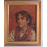 A 19TH CENTURY CONTINENTAL OIL ON CANVAS painted with a gypsy girl. Image 35 cm x 23 cm.