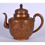 A MID 20TH CENTURY CHINESE COPPER TEA POT, decorated with figures in landscapes. 25 cm wide.