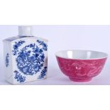 AN EARLY 20TH CENTURY CHINESE PINK BOWL together with a Qianlong tea canister. (2)