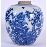 A CHINESE BLUE AND WHITE PORCELAIN JAR, decorated with flowering rock. 18 cm x 13 cm.