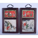 A PAIR OF 19TH CENTURY CHINESE HARDWOOD AND MARBLE PANELS. 20 cm x 32 cm.