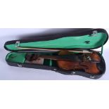 A CASED TWO PIECE BACK VIOLIN with bow & case. 58 cm long. (3)