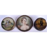 AN ANTIQUE PAINTED IVORY PORTRAIT MINIATURE together with two other boxes. (3)