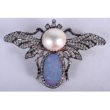 A GOLD OPAL SILVER AND PEARL BUG BROOCH. 28.5 grams. 8 cm x 6 cm.