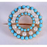 A FINE VICTORIAN GOLD TURQUOISE AND PEARL BROOCH. 6.4 grams. 2.25 cm wide.