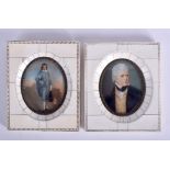 A PAIR OF ANTIQUE CONTINENTAL PAINTED PORTRAIT IVORY MINIATURES After Gainsborough. Image 7 cm x 9 c