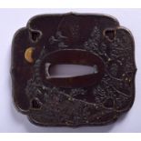 AN 18TH/19TH CENTURY JAPANESE EDO PERIOD IRON TSUBA decorated with silver and gold landscapes. 6.75