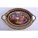 A FINE 19TH CENTURY VIENNA TWIN HANDLED PORCELAIN DISH painted with classical scenes. 34 cm x 23 cm.