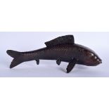 A JAPANESE BRONZE OKIMONO IN THE FORM OF A FISH, the underside incised with a butterfly. 27 cm wide.