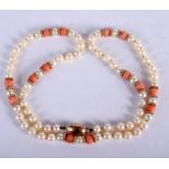 AN ANTIQUE GOLD PEARL AND CORAL NECKLACE. 42 cm long.