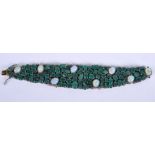 A 14CT GOLD CONTINENTAL OPAL SILVER AND EMERALD BRACELET. 64.3 grams. 18 cm wide.