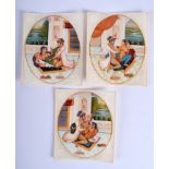 A SET OF THREE F EARLY 20TH CENTURY INDIAN PAINTED EROTIC IVORY PANEL, depicting lovers performing s