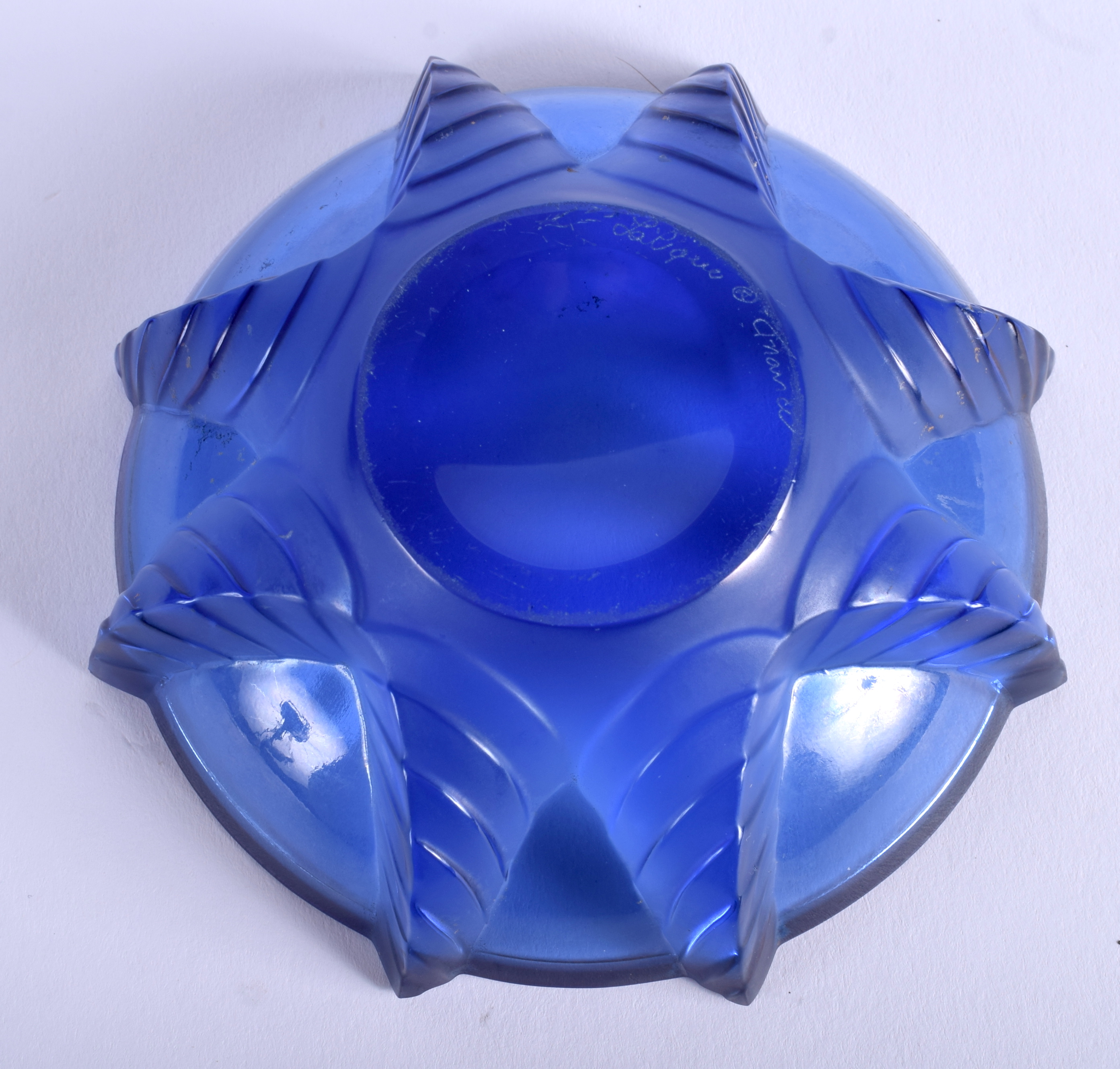 A LALIQUE BLUE GLASS BOWL, signed to base. 11 cm wide. - Image 3 of 3