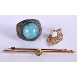 A 9CT GOLD AND OPAL PENDANT together with a silver ring & peridot stick pin. (3)