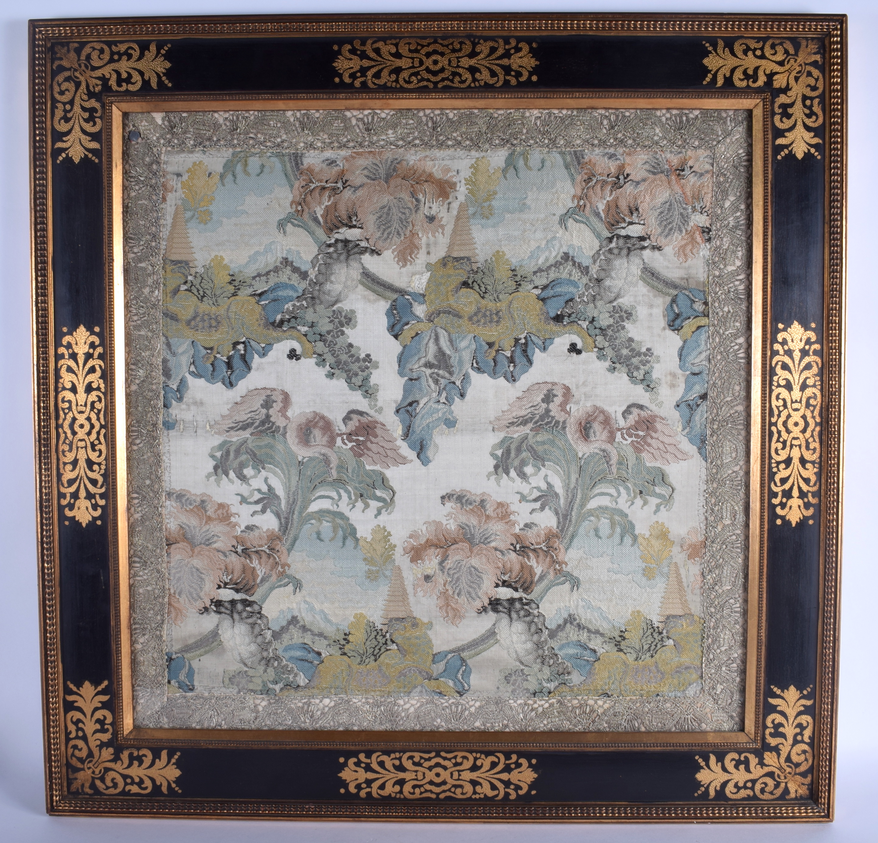 AN 18TH CENTURY FRENCH FRAMED EMBROIDERED SILK EMBROIDERED SAMPLER possibly Lyon, decorated with fol