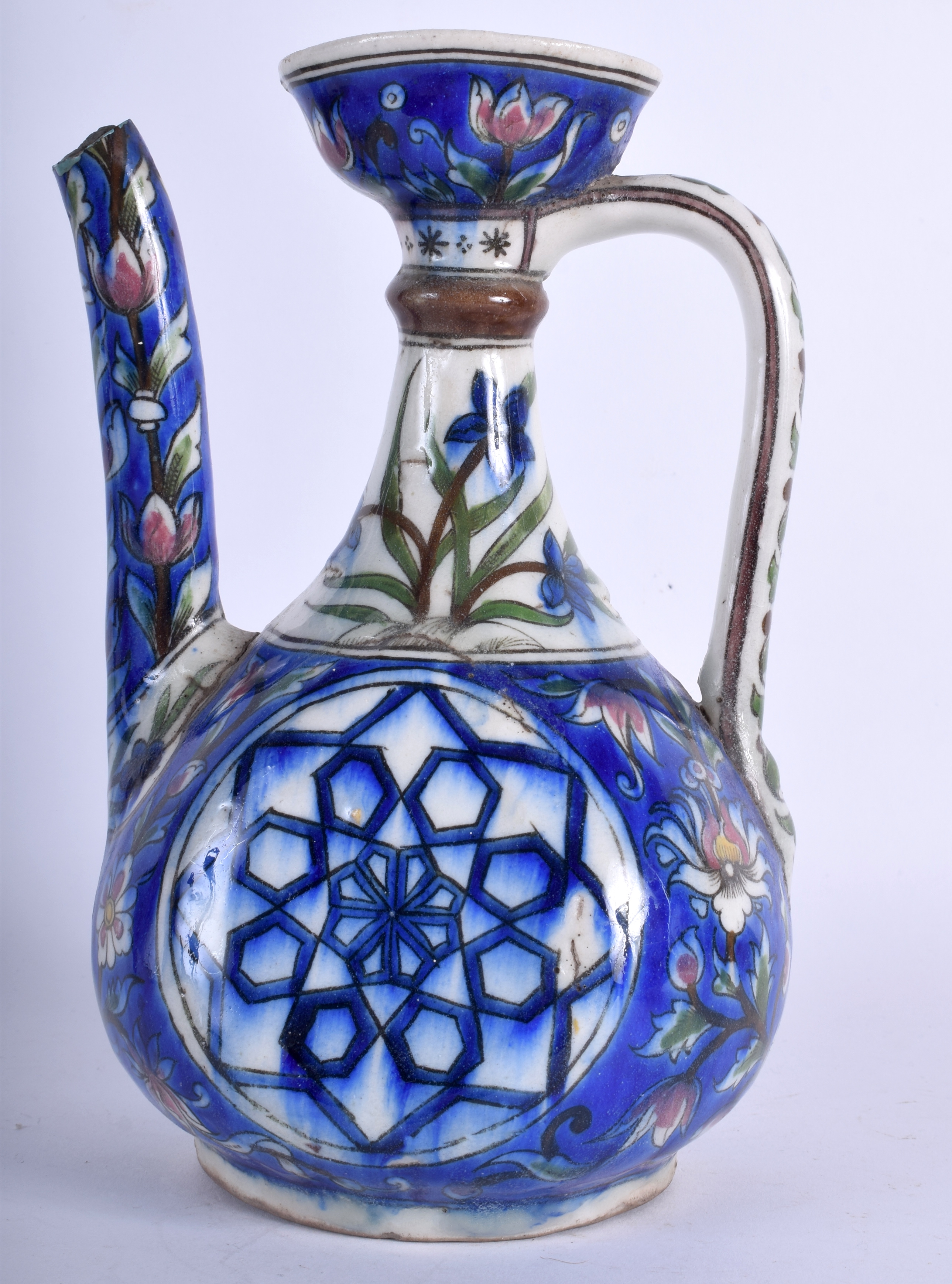 A RARE 19TH CENTURY MIDDLE EASTERN PALESTINE POTTERY EWER painted with flowers and a star motif. 23 - Image 2 of 4