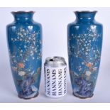 A FINE LARGE PAIR OF EARLY 20TH CENTURY JAPANESE MEIJI PERIOD CLOISONNÉ ENAMEL VASES with silver mou