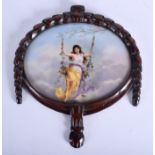 AN UNUSUAL 19TH CENTURY CONTINENTAL PORCELAIN PLAQUE painted with a female swinging upon a chair. Po