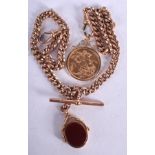 A VICTORIAN 1891 GOLD SOVEREIGN upon a 9ct chain. 25.8 grams. 37 cm long.