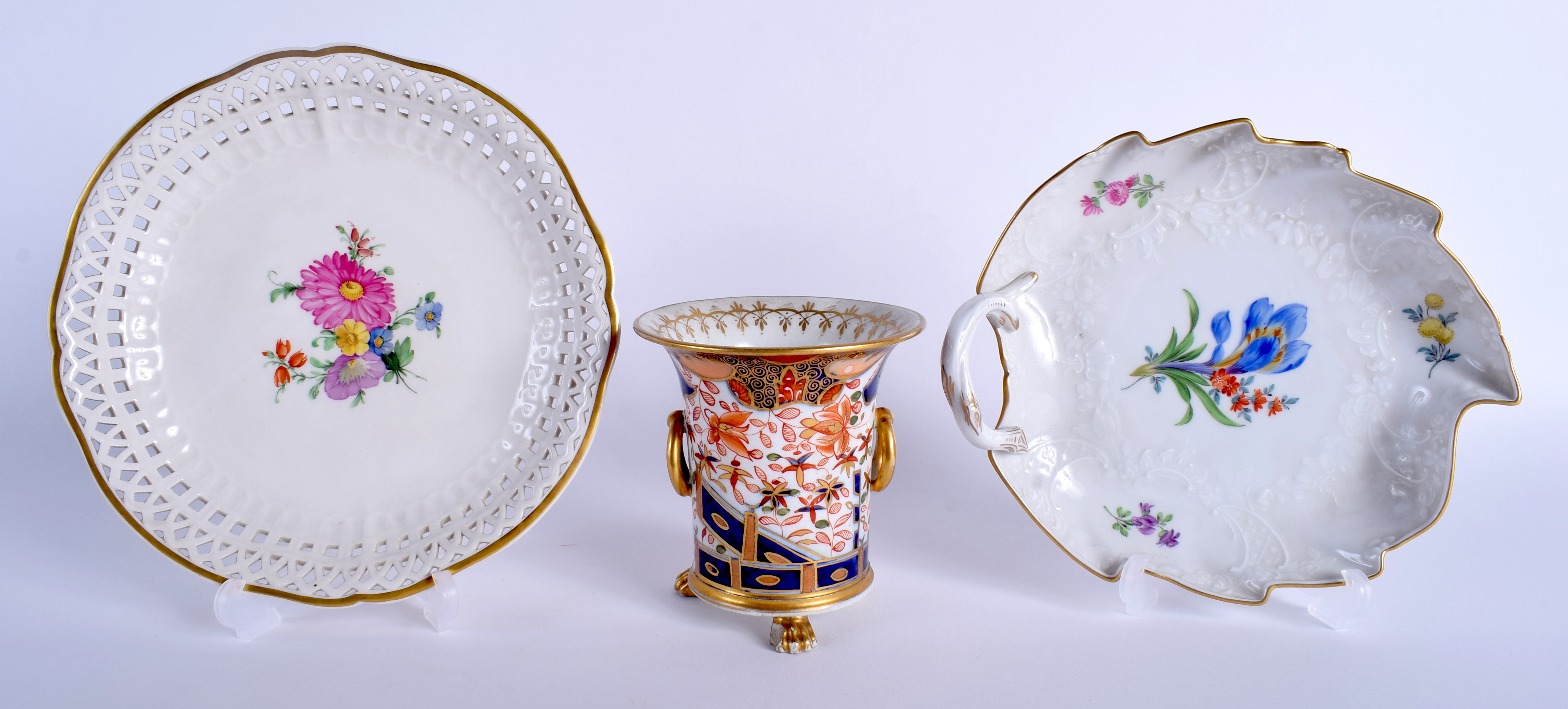 A MEISSEN LEAF SHAPED DISH together with a KPM plate & a Derby vase. (3)