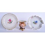 A MEISSEN LEAF SHAPED DISH together with a KPM plate & a Derby vase. (3)