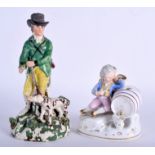 A 19TH CENTURY STAFFORDSHIRE FIGURE OF A MALE together with another figure. 19 cm & 11 cm high. (2)