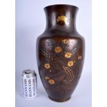 A LARGE 19TH CENTURY JAPANESE MEIJI PERIOD BRONZE ONLAID VASE decorated with birds amongst foliage.