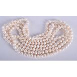 A LONG FRESHWATER PEARL NECKLACE. 162 cm long.