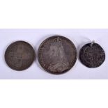 A VICTORIAN 1887 SILVER COIN and two others. (3)