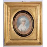 A MID 19TH CENTURY CONTINENTAL PAINTED IVORY PORTRAIT MINIATURE. Image 10 cm x 12 cm.