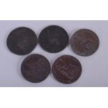 FIVE 18TH CENTURY FARTHINGS. (5)