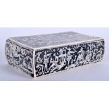 A RARE 19TH CENTURY ANGLO INDIAN DOUBLE SIDED SLIDING IVORY BOX decorated with figures within landsc