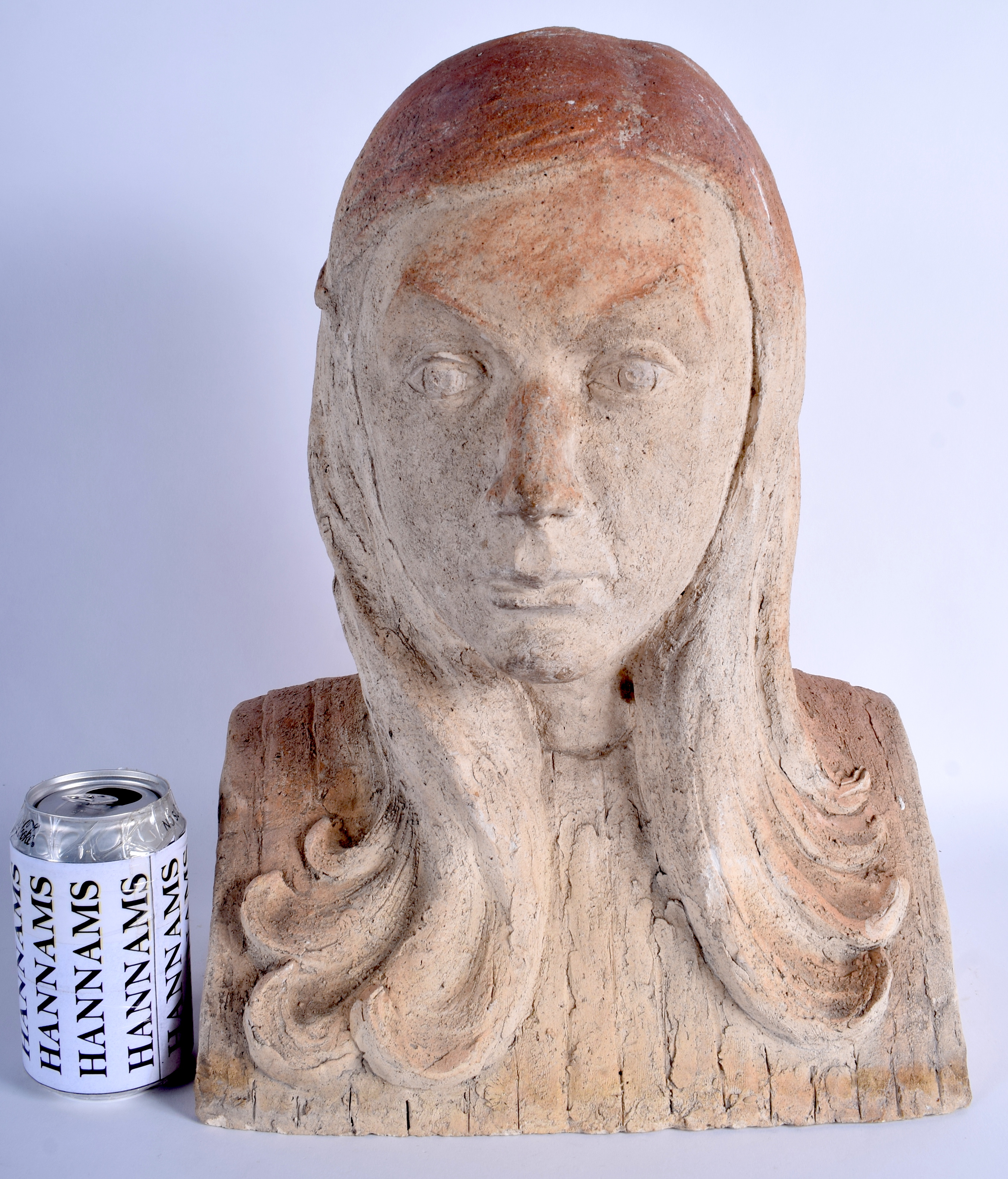 A STYLISH 1930S ENGLISH ART POTTERY STONEWARE BUST OF A FEMALE depicting Mary Stourton, signed and d