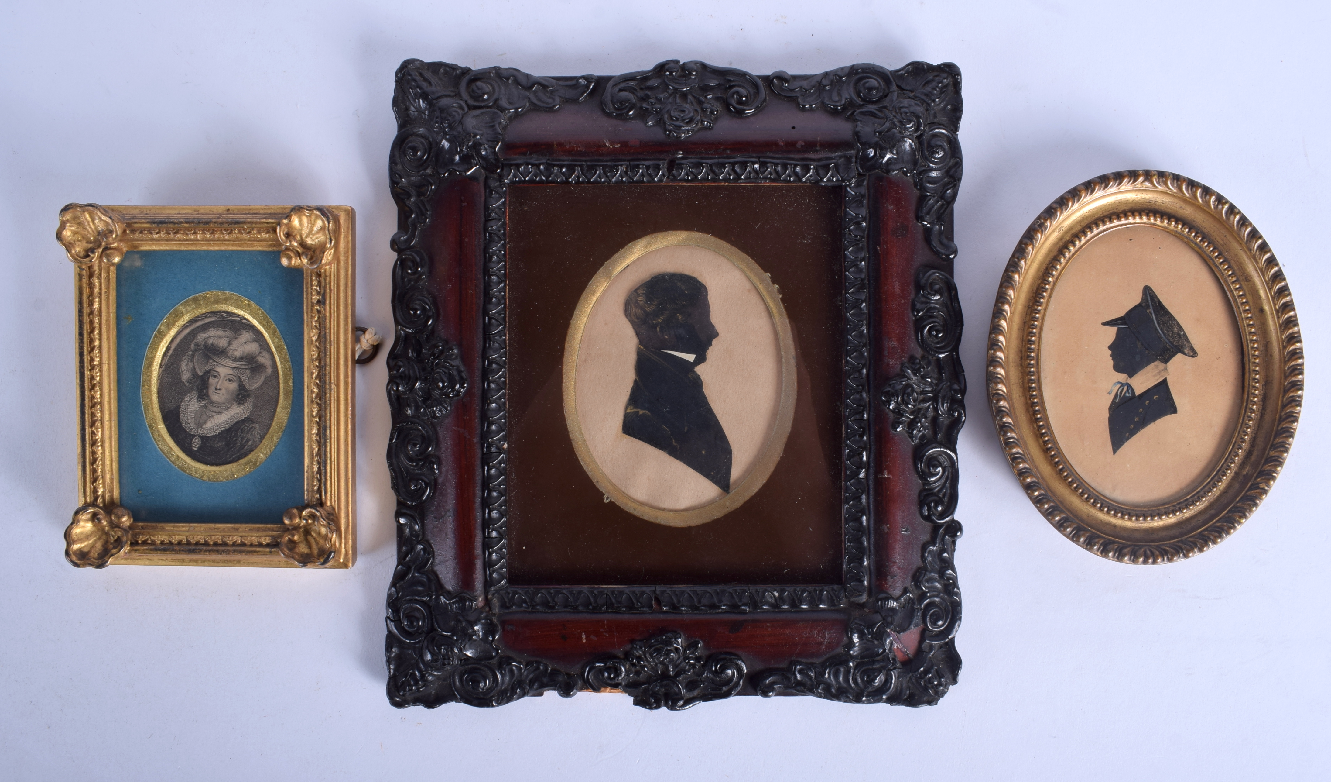 A LARGE ANTIQUE SILHOUETTE together with another & an engraving. Largest image 7 cm x 9 cm. (3)