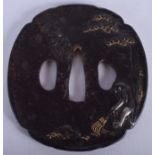 AN 18TH/19TH CENTURY JAPANESE EDO PERIOD IRON TSUBA decorated with a silver and gold farmer. 7.5 cm