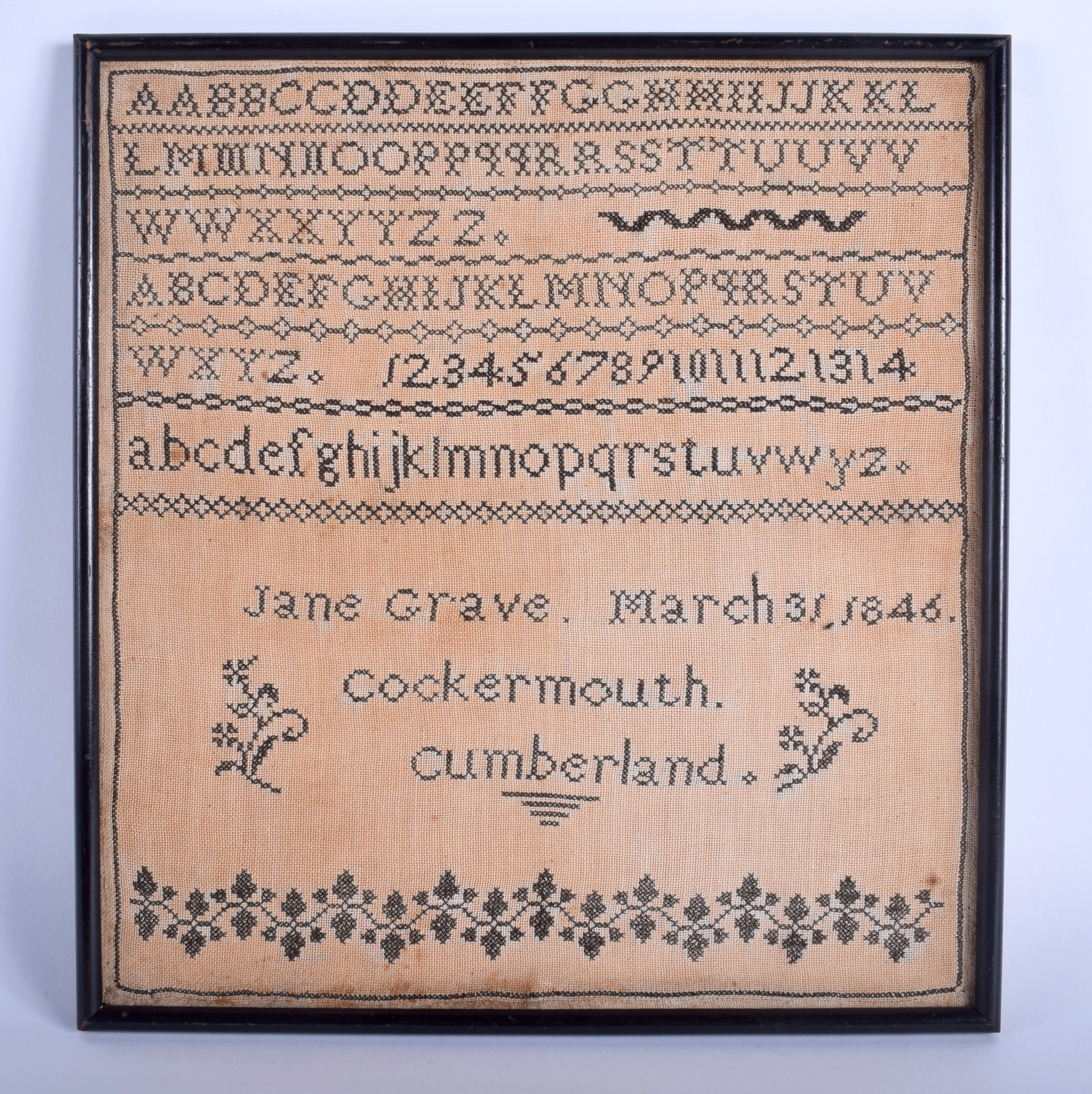 AN ANTIQUE SAMPLER by Jane Grave. 29 cm square.