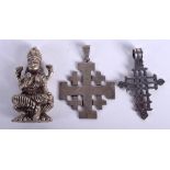 TWO SILVER PENDANTS and a buddha. (3)