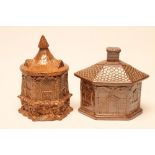 TWO MID VICTORIAN BRAMPTON SALTGLAZE STONEWARE TOBACCO BOXES AND COVERS, each modelled as a