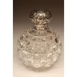 A LATE VICTORIAN SILVER MOUNTED GLASS SCENT BOTTLE, maker's mark H & A, Birmingham 1894, of globular