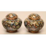 A PAIR OF CHINESE CLOISONNE ENAMEL INK WELLS, COVERS AND LINERS, of squat globular form inlaid in