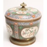 A JAPANESE EARTHENWARE LARGE BOWL AND COVER of plain rounded cylindrical form, on-glaze painted in