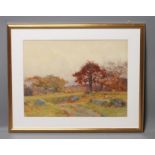 GEORGE COCKRAM (1861-1950), Autumnal Scene with Faggot Gatherer in the Foreground, watercolour and