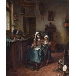 JOSSE IMPENS (Belgian 1840-1905), Interior with Mother and Child, oil on board, 32 1/2" x 25 1/2",