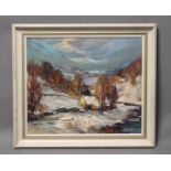 WALTER BERZINS (1925-2009), "Early Snow", oil on board, signed, artist's label verso, 20" x 24",