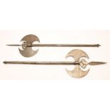 A MATCHED PAIR OF INDO-PERSIAN TWIN AXES, of steel construction ornately decorated with fauna within