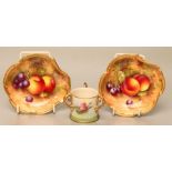 A PAIR OF ROYAL WORCESTER CHINA SMALL DISHES, 1933, of shaped quatrefoil form, painted in polychrome