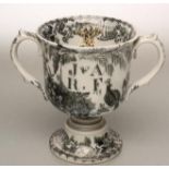 A PEARLWARE LOVING CUP, early 19th century, the plain "U" shaped bowl internally modelled and