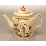 A CREAMWARE TEAPOT AND COVER, probably Yorkshire, c.1780's, of cylindrical form with swept