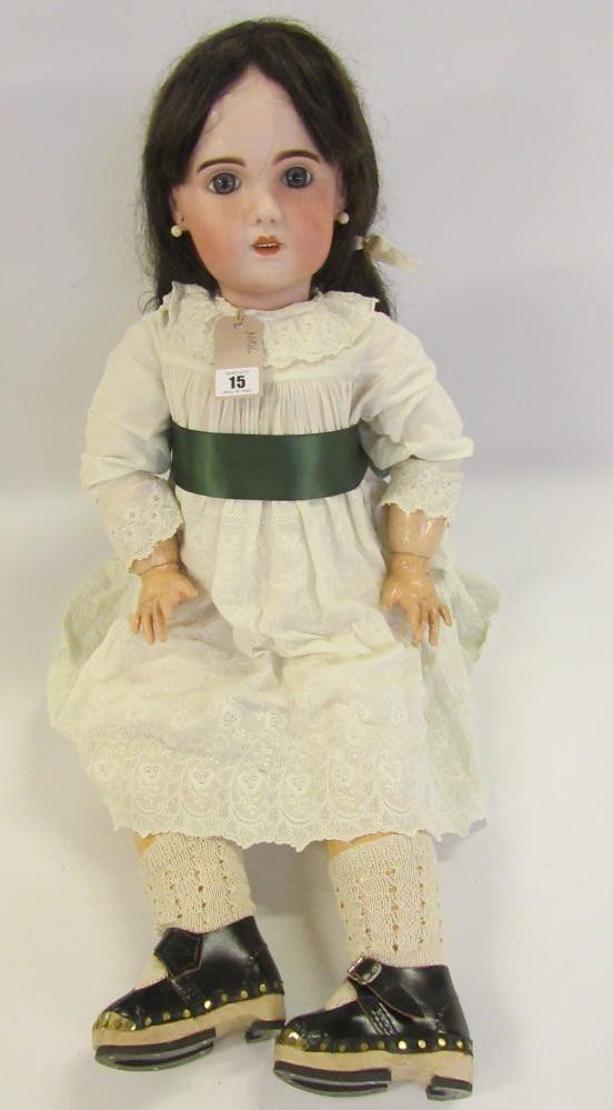 A Tete Jumeau bisque head doll with fixed blue paperweight glass eyes, open mouth and teeth, pierced - Image 4 of 4